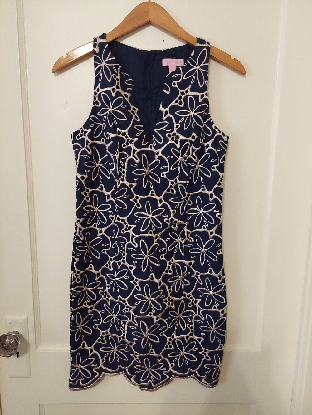 Lilly Pulitzer Mini Dress Womens 2 Blue Augusta Shift Gold Embroidered Flowers